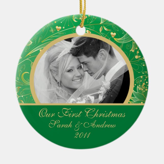 First Christmas Photo Ornament Gold Floral Green (Front)