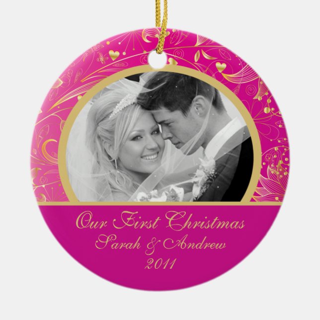 First Christmas Photo Ornament Gold Floral Pink (Front)