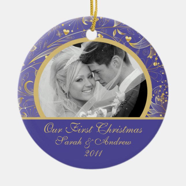 First Christmas Photo Ornament Gold Floral Purple (Front)