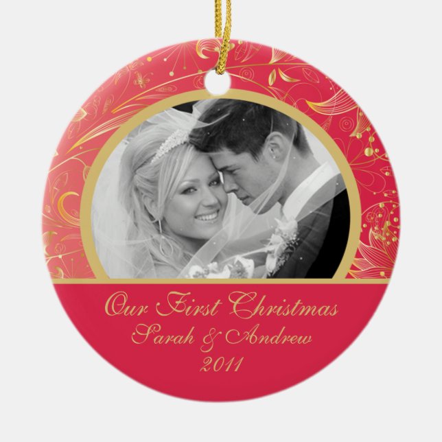 First Christmas Photo Ornament Gold Floral Red (Front)