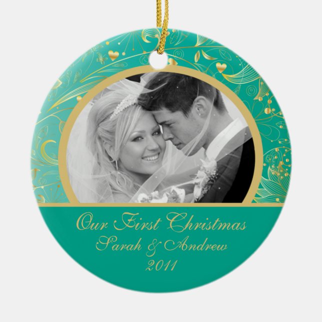 First Christmas Photo Ornament Gold Floral Teal (Front)