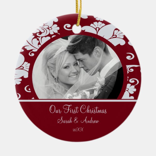 First Christmas Photo Ornament Red & Grey Damask (Front)