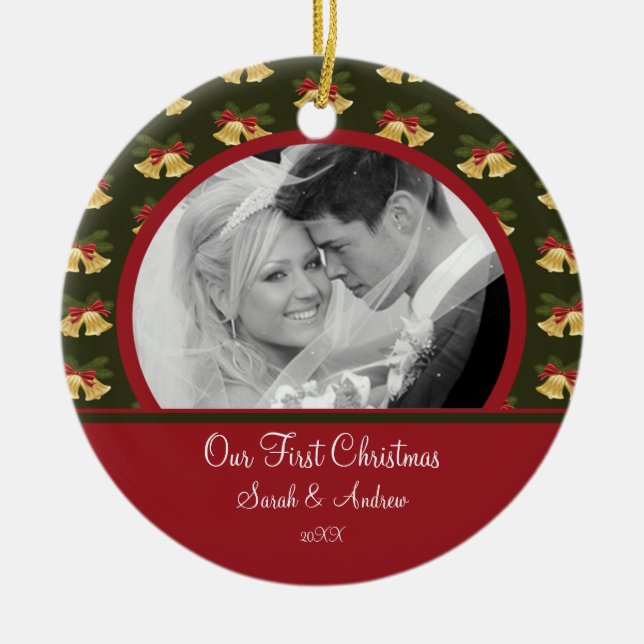 First Christmas Photo Ornament Wedding Gold Bells (Front)