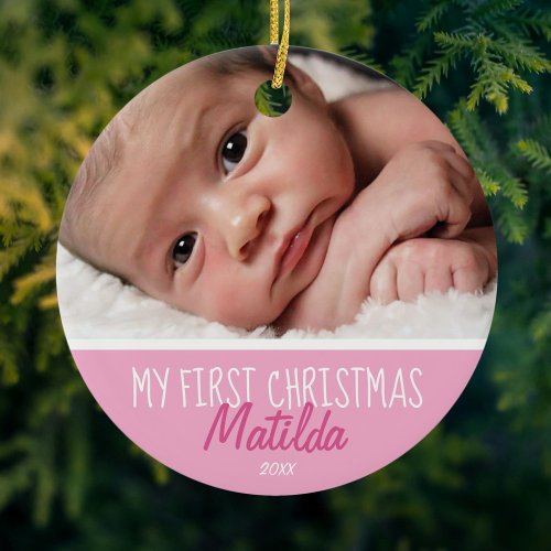 First Christmas Photo Pink Ceramic Ornament