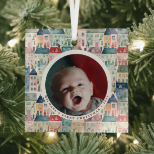 First Christmas Photo Red Festive Houses Holiday Glass Ornament