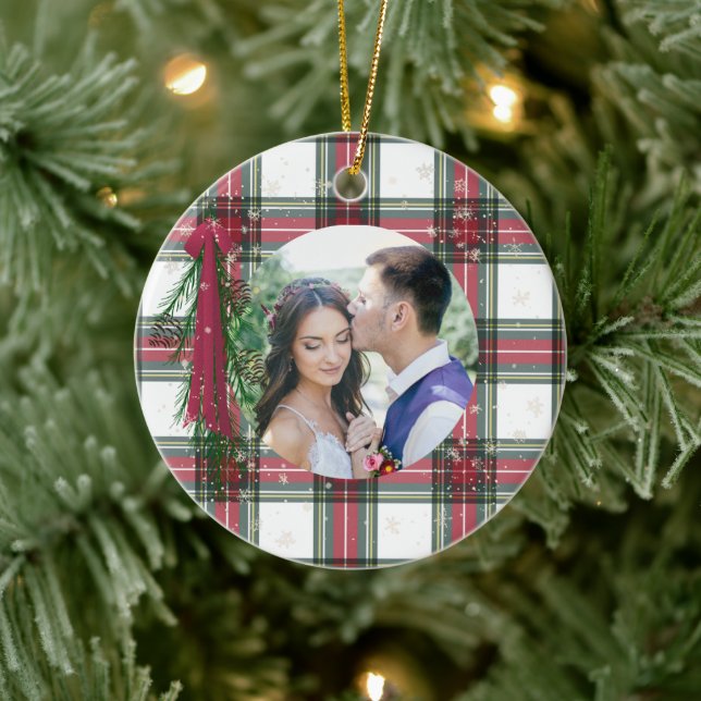First Christmas Photo Red Plaid Personalized Ceramic Ornament (Tree)