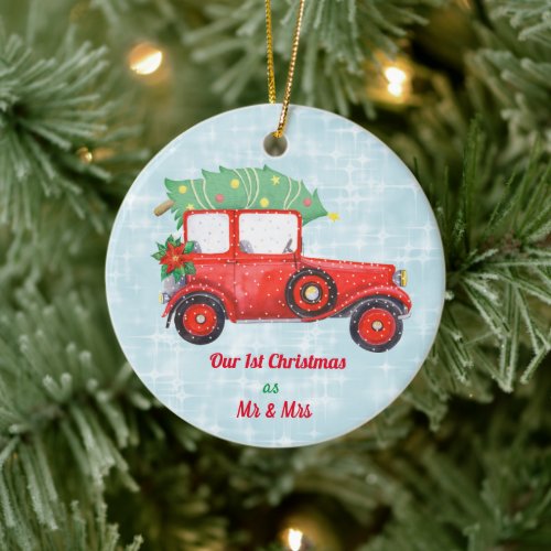 First Christmas Photo Red Truck Green Tree  Ceramic Ornament