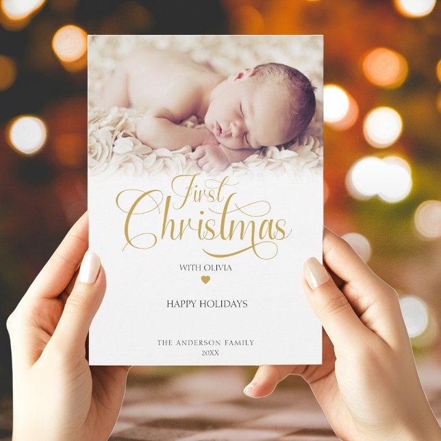 First Christmas Photo Script Heart  Holiday Card (Creator Uploaded)