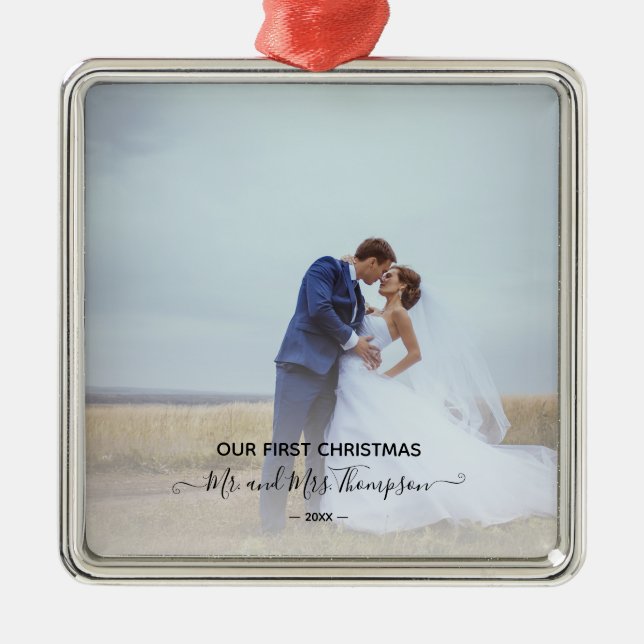 First Christmas Photo Signature Script Newlyweds Metal Ornament (Front)