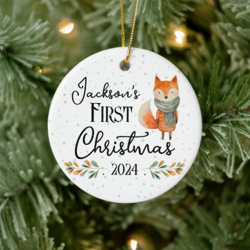 First Christmas Photo Watercolor Fox Ceramic Ornament