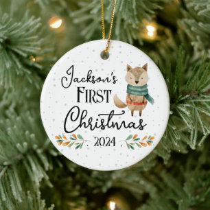 First Christmas Photo Watercolor Wolf Ceramic Ornament
