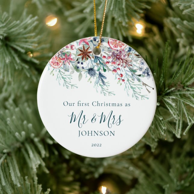 First Christmas Photo White Newlywed Christmas Ceramic Ornament (Tree)
