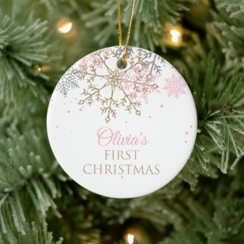First Christmas Pink and Gold Glitter Snowflake Ceramic Ornament