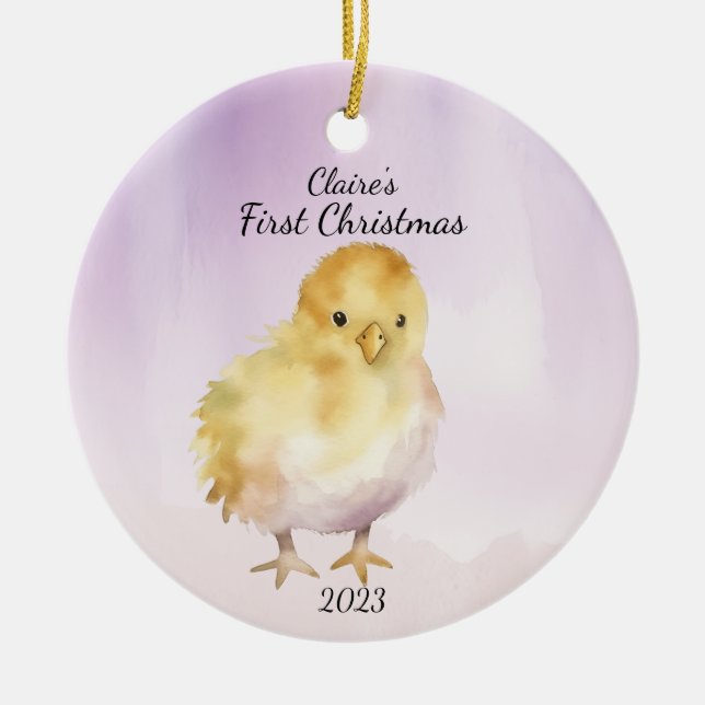 First Christmas Pink Baby Chick  Personalized Ceramic Ornament (Front)