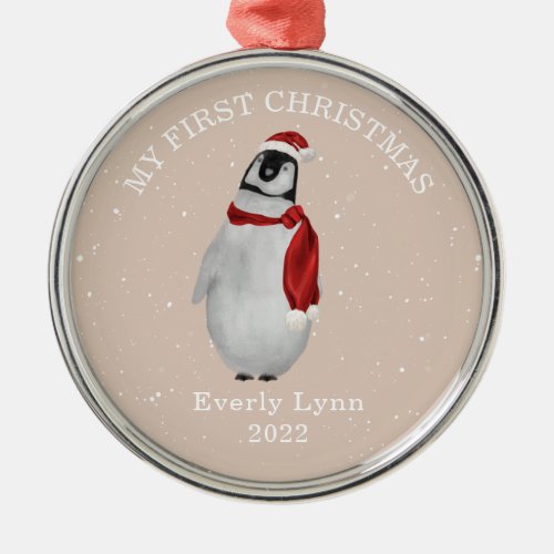 First Christmas Pink Baby Girl Penguin Snow Metal Ornament