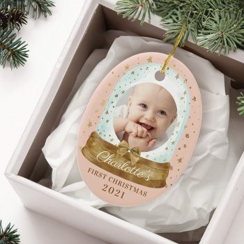 First Christmas Pink Baby Photo & Name Snow Globe Ceramic Ornament by moodthology at Zazzle