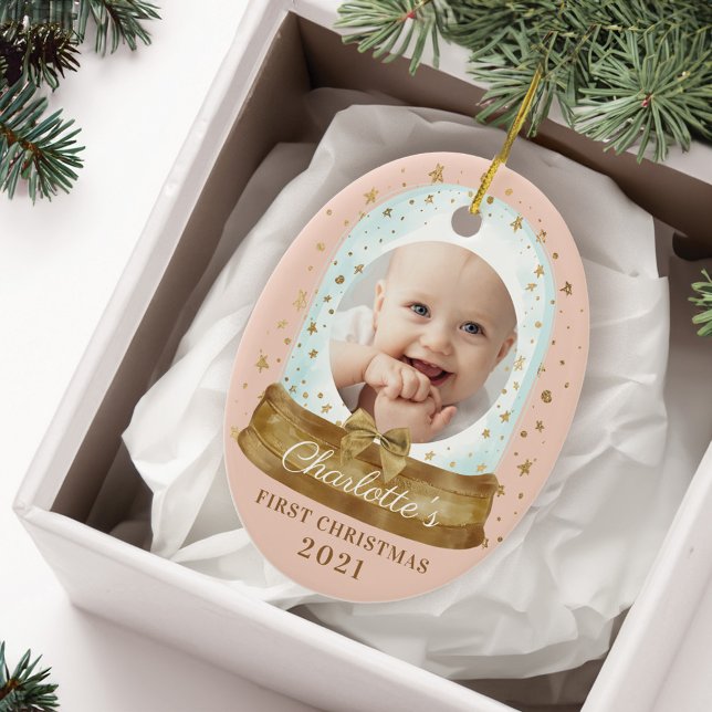 First Christmas Pink Baby Photo & Name Snow Globe Ceramic Ornament (First Christmas Pink Baby Photo & Name Snow Globe Ceramic Ornament)