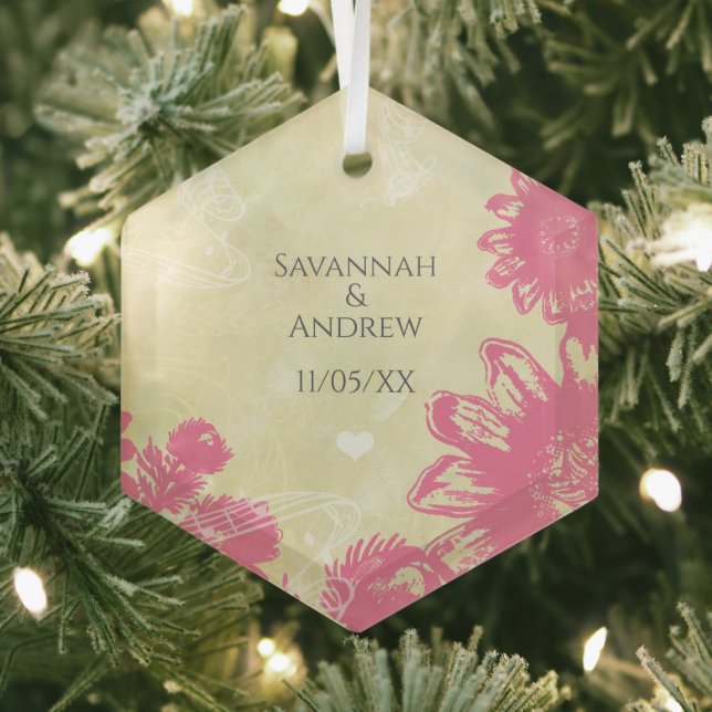 First Christmas Pink Blue Gerber Daisy Christmas Glass Ornament (Insitu)