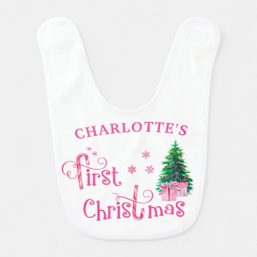 First Christmas _ Pink Gifts under Christmas Tree Baby Bib