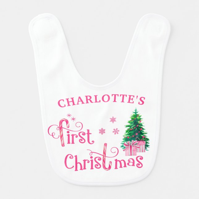 First Christmas - Pink Gifts under Christmas Tree Baby Bib (Front)