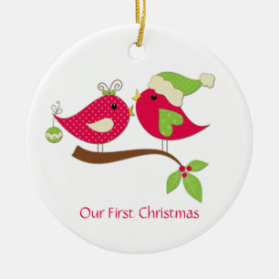 First Christmas Pink Polka Dot Love Birds on Holly Ceramic Ornament