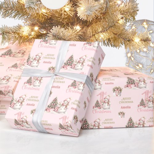 First Christmas Pink Vintage Snowman Girl Name Wrapping Paper
