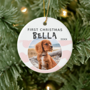 First Christmas Pink Watercolor Puppy Dog Photo Ceramic Ornament