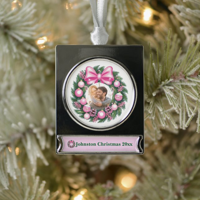 First Christmas Pink Wreath Silver Plated Banner Ornament (Tree)