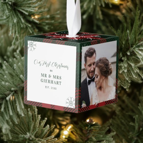 First Christmas Plaid Couples Wedding Photos Cube Ornament