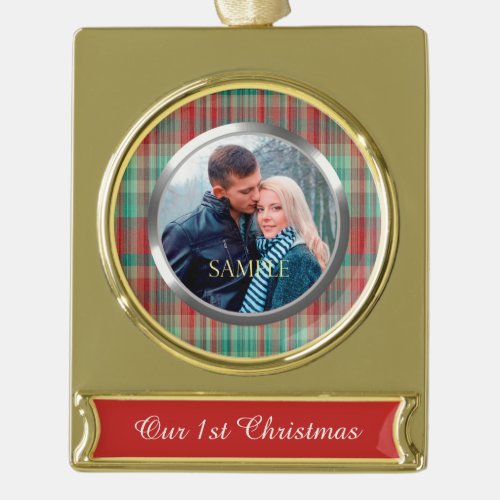 First Christmas Plaid Gold Plated Banner Ornament