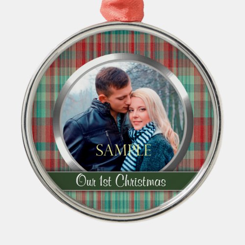 First Christmas Plaid Photo Template Metal Ornament