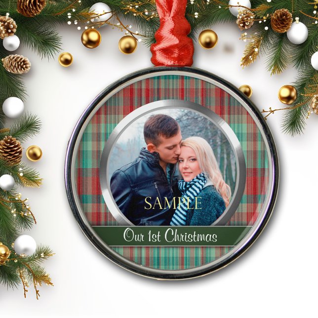First Christmas Plaid Photo Template Metal Ornament (Creator Uploaded)