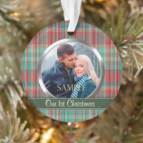 First Christmas Plaid Photo Template Ornament