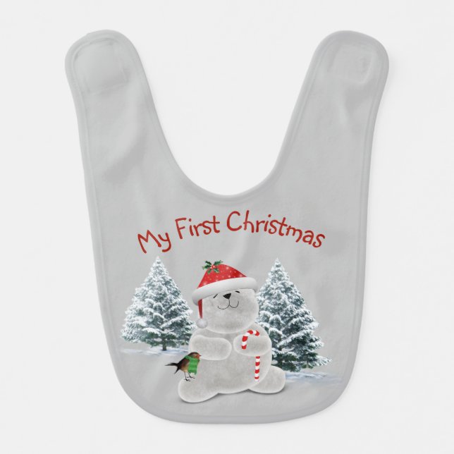 First Christmas Polar Bear and Bird  Baby Bib (Front)