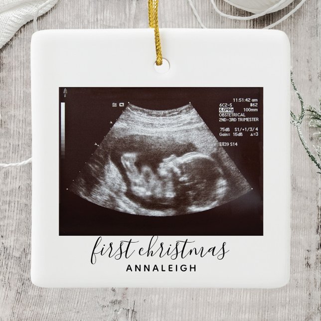 First Christmas Pregnancy Ultrasound Photo Custom Ceramic Ornament (First Christmas Baby Sonogram Custom Square Ceramic Ornament)