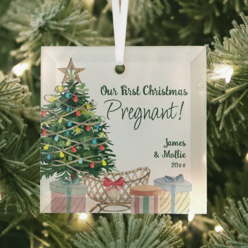 First Christmas Pregnant Christmas Tree and Crib Glass Ornament