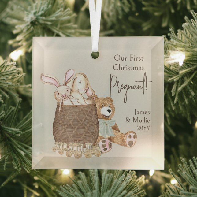 First Christmas Pregnant Teddy Bear and Toy Basket Glass Ornament (Insitu)