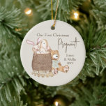 First Christmas Pregnant Teddy Bear Custom Photo Ceramic Ornament<br><div class="desc">Our First Christmas Pregnant with cute nursery decor on the front and your photo on the back. The baby nursery themed design features a teddy bear, toy basket, bunny dog and wooden toy. Personalize with your names and the year. Perfect as a pregnancy announcement or as a little sentimental gift...</div>