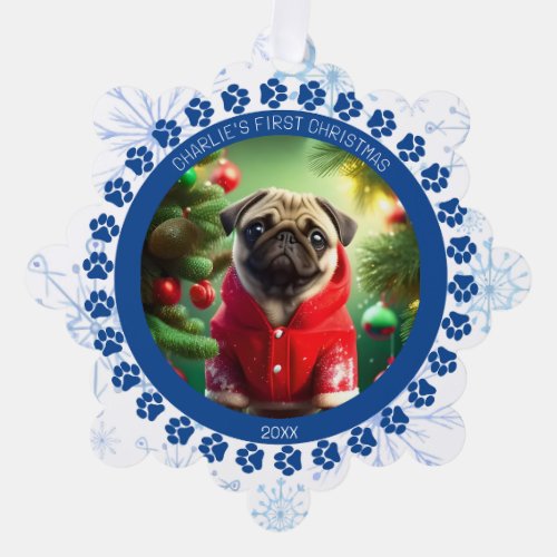 First Christmas Pug dog greetings Ornament Card