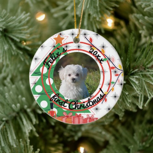 First Christmas puppy custom name photo  Ceramic Ornament