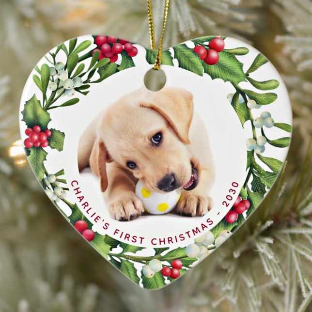 First Christmas Puppy Dog Custom Pet Photo Heart  Ceramic Ornament (Creator Uploaded)