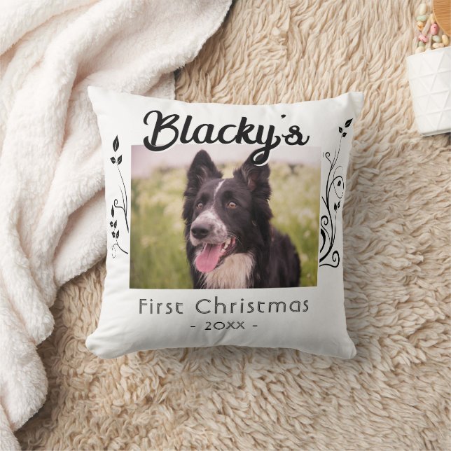 First Christmas Puppy Foliage Red Photo Throw Pillow (Blanket)