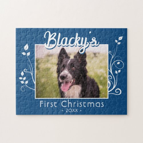First Christmas Puppy Photo Foliage Blue Jigsaw Puzzle