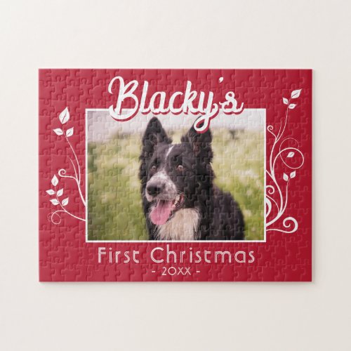 First Christmas Puppy Photo Foliage Red Jigsaw Puzzle