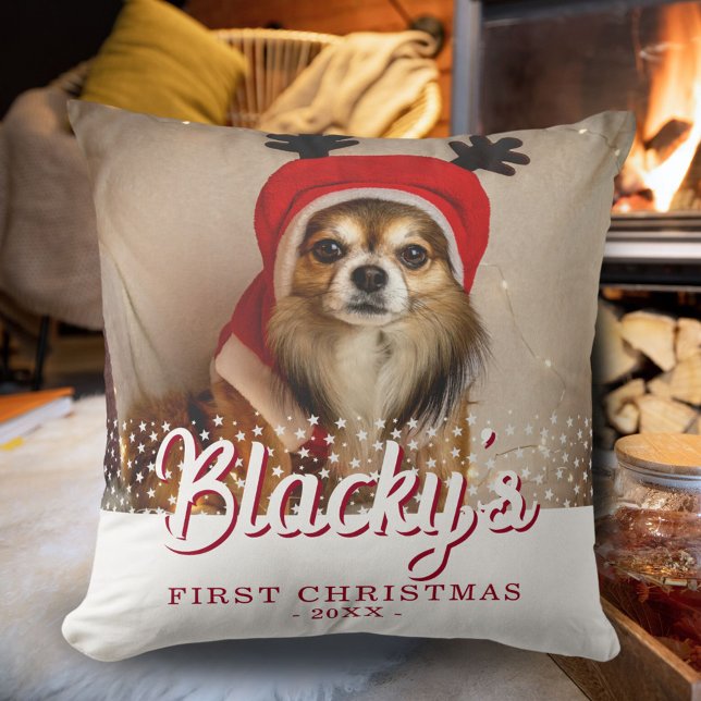 First Christmas Puppy Photo White Stars Throw Pillow (Creator Uploaded)