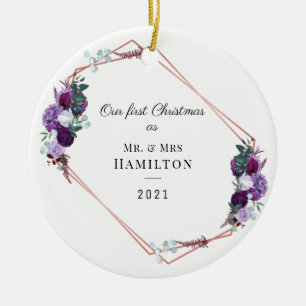 First Christmas Purple Floral Geometric Frame Ceramic Ornament