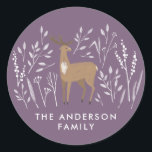 First Christmas purple reindeers delicate 1 photo Classic Round Sticker<br><div class="desc">First Christmas purple reindeer delicate 1 photo elegant modern holiday favor design. Part of a stunning collection.</div>