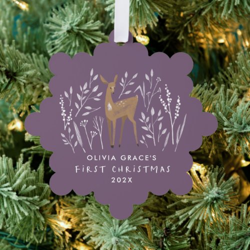 First Christmas purple reindeers elegant 1 photo Ornament Card