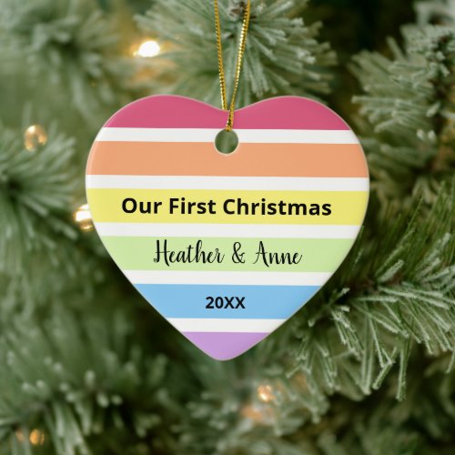 First Christmas Rainbow Pastel White Stripes  Ceramic Ornament