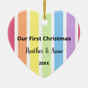 First Christmas Rainbow White Stripes Pastel Ceramic Ornament